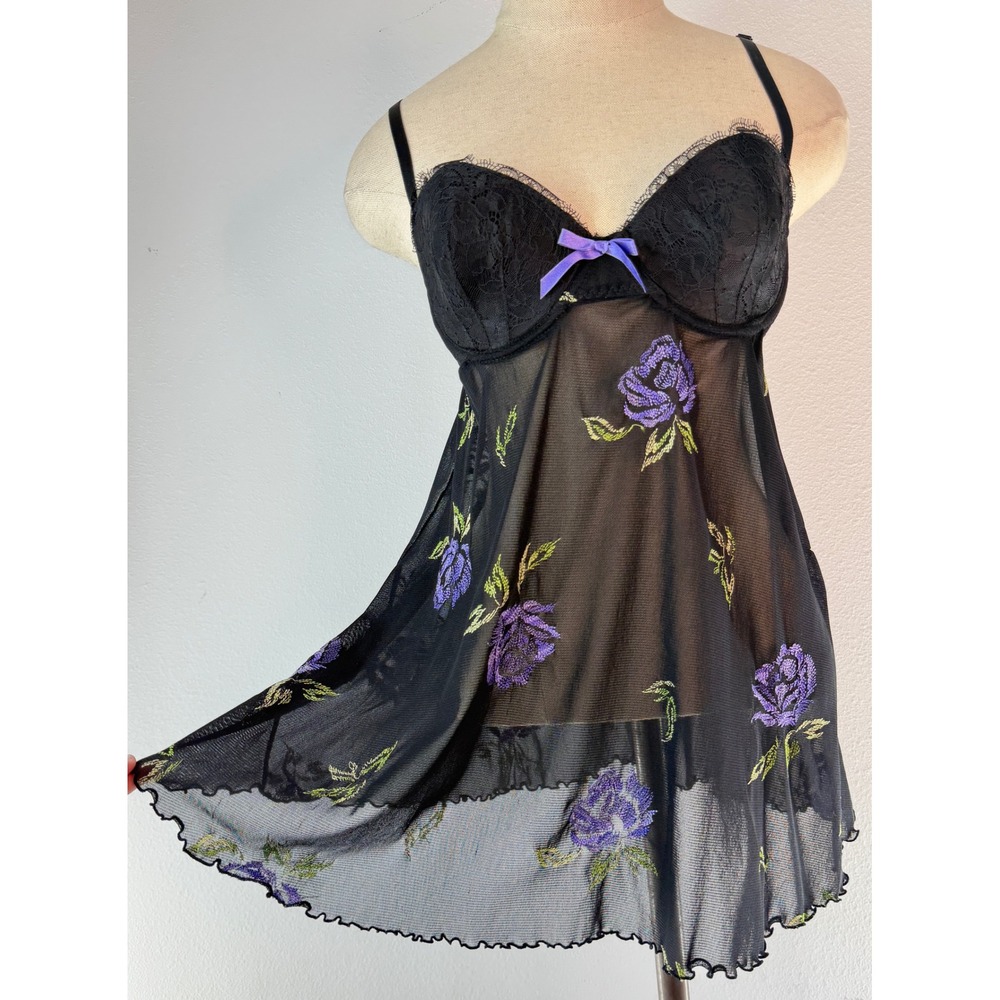 VTG Y2K Victoria's Secret Babydoll Sheer Mesh Lacey Top Floral Embroidered